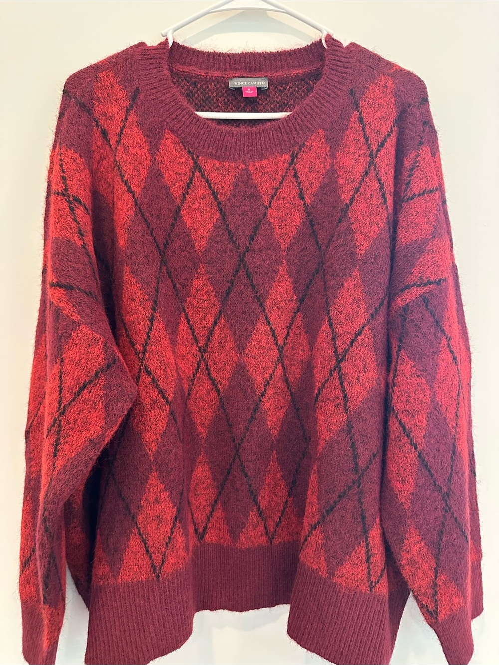 Vince Camuto Maroon and Red Argyle Crewneck Sweater